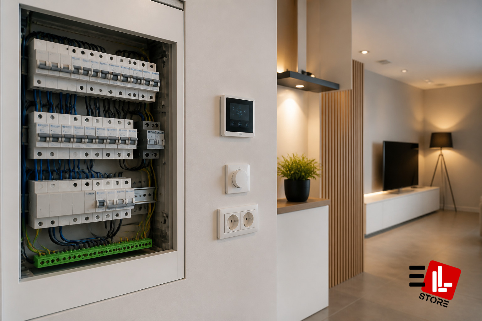 Coffret ouvert d'un tableau électrique RGIE avec ses disjoncteurs différentiels.