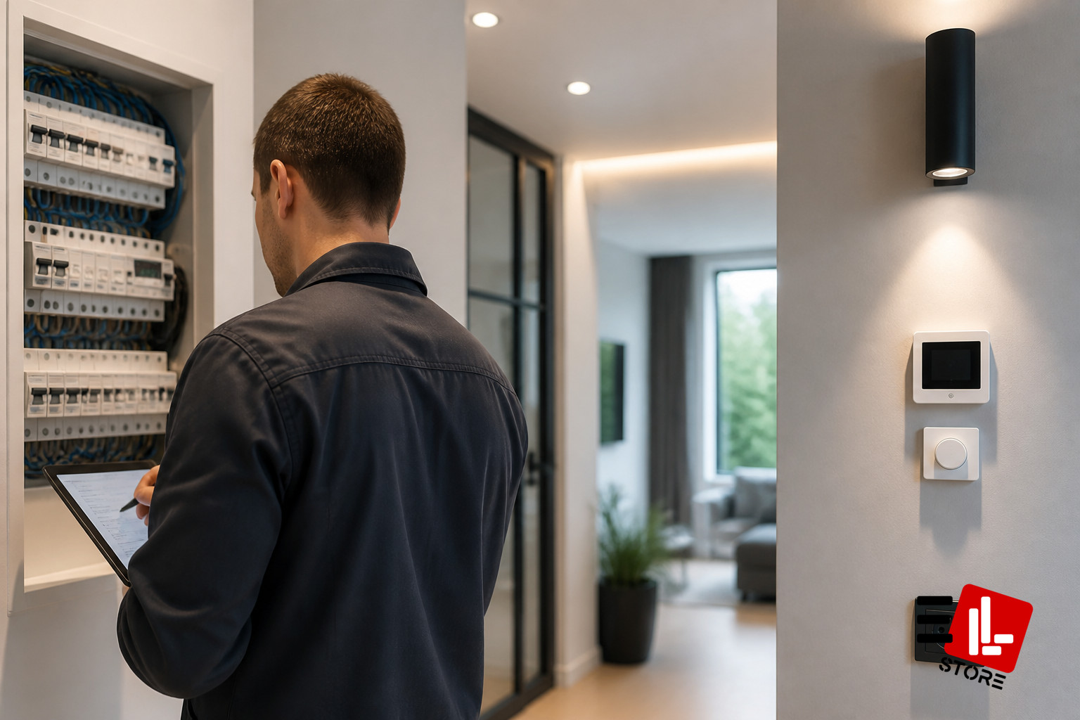Technicien réalisant un contrôle électrique obligatoire avant la vente d'une maison